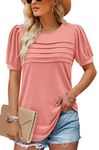 BETTE BOUTIK Womens Tops Summer Fashion Short Sleeve Loose Elegant Crew Neck Shirts Puff Sleeve Stretch Work Tshirts Orange Pink L