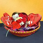 SKY TRENDS Valentines Day Gift for Girlfriend/Boyfriend/Husband/Wife/Fiance-Basket+Chocolates in a Decorated Box+3pc Roses and Teddy Bear in Heart Box Message Bottle and Keychain Greeting Card-07