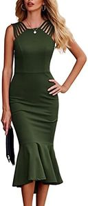 PRETTYGARDEN Women's Elegant Midi Bodycon Dress Sleeveless Backless Ruffle Hem Mermaid Formal Cocktail Wedding Guest Dresses (Army Green,Large)