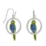 1928 Jewelry Women's Pewter Hoops With Blue & Green Enamel Parrot Drop Earrings, 1.5