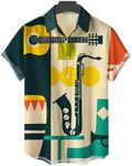 Hawaiian Bowling Shirts for Men Short Sleeve Printed Regular Fit Summer Beach Casual Button Down Aloha Shirts, Music Vintage Print, Medium