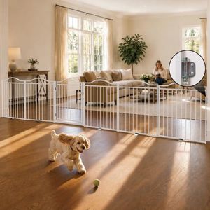 No Pawblems Free Standing Dog Gate & Dog Playpen, 6-Panel Foldable Metal Pet Fence with Door for Indoor Outdoor, Extra Wide Pet Gate for Stairs, Doorways, Deck, Yard, 156" W x 30 H, White