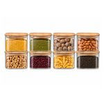 StacPro Airtight Square Glass Storage Jar with Bamboo Lid, 500ml Multipurpose Kitchen Container for Coffee, Tea, Sugar, Masala, Spices & Dry Fruits | Modern Transparent Pantry Organizer (Pack of 8)