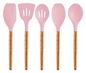 Spatlus Non-Stick Silicone Cooking Utensils Set with Natural Acacia Hard Wood Handle, High Heat Resistant Pink Pack of 5