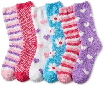 Tipi Toe Women's 6-Pairs Vibrant Solid Colors Stripes Heart Flowers Pattern Premium Soft Microfiber Winter Soft Fuzzy Crew Socks, FZ05-T1