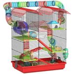 PawHut 18.5" L Hamster Cage, Small Animal House 5 Tiers with Tunnel Tube System, Ramp, Exercise Wheel, Water Bottle, Food Dish, Red