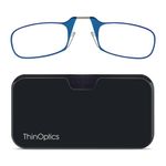 ThinOptics Reading Glasses Blue Frames With Universal Pod Compact Case - Ultra-light Foldable Rectangular Readers - Clip-on Nose - 2.00 Strength With Flex-Fit Technology