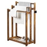 MyGift 3 Tier Freestanding Towel Rack - Rustic Dark Brown Wood Bathroom Towel Drying Stand Holder with Bottom Storage Shelf