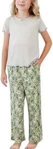 EASWEET Bamboo Viscose Girls Pajama Set, Short Sleeve Top & Long Pants Pjs for Kids, 2-Piece Breathable Summer Sleepwear, Ribbit Garden, 10 Years