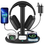 zerotop 4 in 1 Wireless Charging Station with Headphone Stand Desk Gaming Headset Holder Hanger Rack 15W Wireless Charging Pad for iPhone 15 14 13 12 11 Pro Max/Mini/XS iWatch 8/7/6/SE/5/4/3/2 AirPods