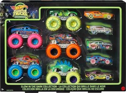 Hot Wheels Toy Monster Trucks 10-Pack, Set of 5 Glow in The Dark 1:64 Scale Trucks & 5 GITD 1:64 Scale Cars, Play Vehicles for Kids & Collectors