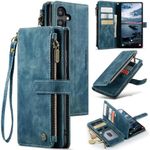 UEEBAI Wallet Case for Samsung Galaxy A35 5G, Premium Handmade Durable Leather Phone Case, Card Slots Zipper Case with Magnetic Closure Kickstand Flip Case with Hand Strap - Vintage Blue