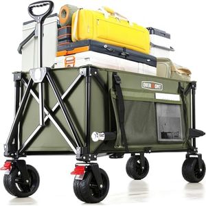 Overmont 150kg Festival Camping Trolley on Wheels - Heavy Duty Folding Beach Wagon Cart with Extra Wide Wheels, Adjustable Handle, Portable for Outdoor, Garden, Shopping, Fishing - Green