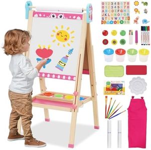 Kids Wooden Easel Double Sided Art Easel with 100+ Pcs Accessories Whiteboard Chalkboard Height Adjustable 95-125cm(37-48.5in) Standing Foldable Drawing Board with Letters Numbers for Toddlers Kids