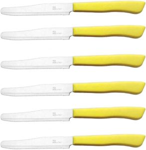 Tredoni 6 kitchen Knives - 4.3"/11cm Italian Stainless Steel Serrated Vegetable/Steak/Table Knife Cutlery, Rounded Tip (Yellow)