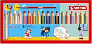 STABILO Woody 3-in-1 Coloured Pencil Case with 18 Colouring Pencils + 1 Pencil Sharpener + 1 Round Brush Size 8-6 Pastel