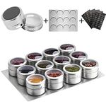 Aiyola Magnetic Spice Jars 12 pcs with Wall Base, Stainless-Steel Magnetic Spice Container Magnetic Spice Tins Easy to Clean includes 120 Labeling Stickers