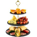 Nyxi 3 in 1 Cake Stand 100% Natural Slate Round Rough Edges Display with Gold Fittings, Can be Used as 3 Tier, 2 Tier & Single Tier Stand Based