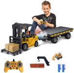 KNACKTOYZ Remote Control Forklift with Flatbed Truck, 11 Channel RC Forklifts with Spray, Cool Lights & Sound, 2 in 1 Lift Fork & Hook, Crane Construction Toys for Boys, Birthday Gift for Kids 3+