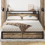 LIKIMIO Queen Bed Frame with Storage Drawer, 2-Tier Storage Headboard with Charging Station, No Box Spring Needed, Easy Assembly, Rustic Brown