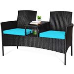 Tangkula Wicker Patio Conversation Furniture Set, Outdoor Furniture Set with Removable Cushions & Table, Tempered Glass Top, Modern Rattan Sofas Set for Garden Lawn Backyard (Turquoise)