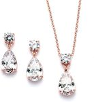 Mariell 14K Rose Gold Plated CZ Teardrop Bridal Necklace and Earring Set for Weddings, Bridesmaids & Prom