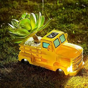 Truck Garden Pot Plant Planter & Vase with Solar Powered Lights Pickup Farm Car - Large, 6.23" H X 11.8" L - Colorful Planter, Indoor Plants, Succulents & Flowers House Decor Indoor & Outdoor - Gift