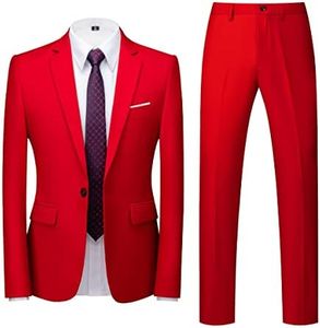 Allthemen Costume Homme Mariage 2 Pièces Slim Fit Smoking Costume Un Bouton Couleur Pure Formel Veste et Pantalon Homme Rouge S