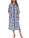Women Zipper Robes Half Sleeve Housecoat Full Length Loungewear Duster Sleepwear Long Nightgowns with Pockets Gray Plaid M