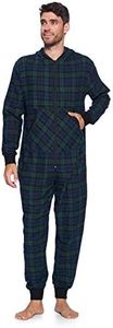 Ashford & Brooks Mens Flannel Hooded One Piece Pajama Union Jumpsuit, Navy Blackwatch Plaid, X-Large