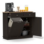 SILKYDRY Kitchen Island with Tilt Out Trash Cabinet, Buffet with 2 Drawers, Rubber Wood Counter Top, Adjustable Shelf, Freestanding Recycle Bins for Dining Room, Laundry (Brown)