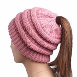 Boolavard BeanieTail Soft Stretch Cable Knit Messy High Bun Ponytail Beanie Hat (Pink)