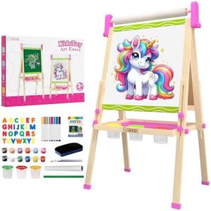 Easel for Kids,Wooden Art Easel,Toddler Toys for Ages 2-4 5-7 with Art Supplies,Height Adjustable Double-Sided Magnetic Whiteboard and Chalk Board,Birthday Gifts for 2 3 4 5 6 7 Year Old Boy Girl Toy