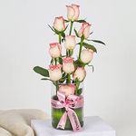 FlowerAura Fresh Live Flower Bouquet of 10 Pink Roses In Glass Vase For Birthday Gift, Anniversary Gift, Wedding Gift, Congratulations Gift & Gift For Special Occasions (Same Day Delivery)