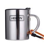 HEECN Camping Mugs - Double Walled Stainless Steel Mug for Hot Drinks with Lid and Carabiner - Backpacking - Trekking - Hiking - HESS038BBK300