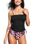 CUPSHE Women's Tankini Set Two Piece Swimsuit Ruched Drawstring Bathing Suits with High Waisted Bottom Rib, Black/Pink Leopard, Large