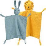 PEIPEIWU Organic Cotton Muslin Lovey Blanket, Organic Cotton Muslin Bunny & Lion Security Blanket Soft & Breathable Lovie Baby Gifts for Boys and Girls (Blue & Ginger)