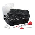 Granite Ware 25 lb Rectangular Roaster Set (10pcs), includes Lid, V-Rack, 2 pack brining bags, oven/grill-safe meat Thermometer, Turkey Baster with sylicon bulb, small brush