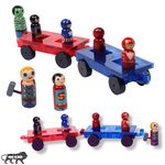 GELTILES Superheroes Magnetic Tiles Special 2 Cartwheel Cars with 7 Wooden Unique Super Heros Dolls, Handmade, Made in India Toy for Boys and Girls Gifting Motor Play Set (9 Pcs Superheroes)