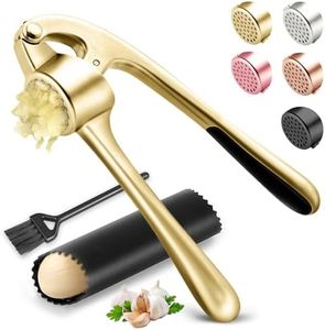 Kitchen Garlic Press, Rust Proof & Dishwasher Safe Garlic Mincer, Durable Garlic Crusher Set with Peeler&Brush, Easy to Clean and Squeeze, Gold
