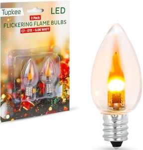 Tupkee LED Flickering Flame Bulb – C7, E12 Base, 0.06 Watt, Flicker Flame LED Bulb with a Warm Glow That Flickers and Dances Up and Down - for Halloween, Christmas Candolier Window Candle - 2/Pkg