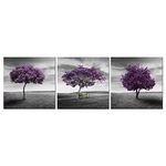 Pyradecor 3 Piece Purple Trees Modern Stretched and Framed Landscape Artwork Giclee Canvas Prints Fall Forest Pictures Paintings on Canvas Wall