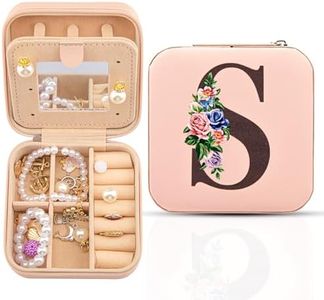 Travel Jewelry Box with Mirror, Travel Essentials Jewelry Holder Organizer, Ring Necklace Earring Organizer, Personalized Initial Travel Jewelry Case, Gifts for Women and Girls,S