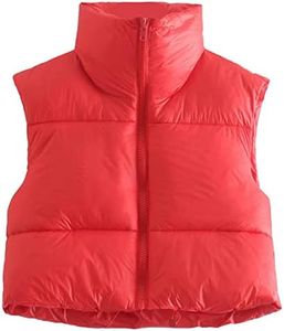 KEOMUD Women's Winter Crop Vest Lightweight Sleeveless Warm Outerwear Puffer Vest Padded Gilet, Red, Small