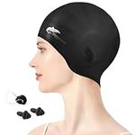 Flintronic Swimming Cap Silicone Cover Ears, Adult Unisex Swim Hat for Long Hair, Hypoallergenic Waterproof Swimming Caps for Kids, Men, Women- Black