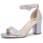 IDIFU Women's IN3 Amy Block Heels Sandals Comfy Ankle Strap Open Toe Chunky Wedding Dress Shoes with Round Buckle(8.5, Silver Shiny)