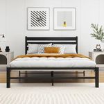 VERFARM Queen Metal Bed Frame with Wooden Headboard, Mattress Foundation, Platform Bed Frame with Strong Steel Slats Support, No Box Spring Needed, Easy Assembly, Black