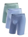 DAVID ARCHY Mens Bamboo Underwear Boxer Briefs Breathable and Soft with Fly Trunks Long Leg in 3 Pack (XXL, Sky Blue+Pale Green+Moonlight Blue - 8 inch)