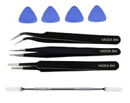 Vadda Bai Set of 3 ESD Safe Black Coated Pointed, Curved and blunt Tip Tweezers With 1 Metal and 4 Triangle Plastic Openers for Opening & Repair Mobile, Laptop and other Electronic Gadget