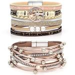 Suyi Multilayer Leather Bracelet Set 2 Pieces Beads Wrap Bracelet Wrist Cuff Bangles with Magnetic Buckle for Women Rosegold